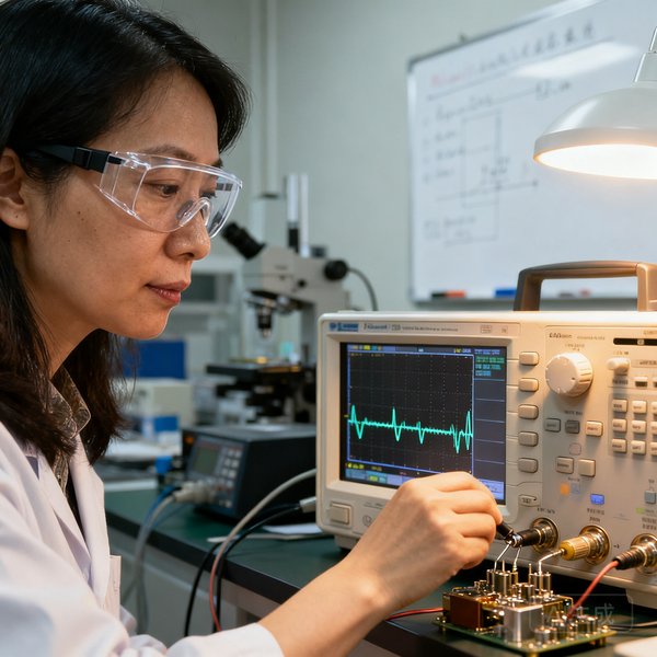 BG视讯CTO林若琴女士在实验室操作示波器，35岁左右，戴着防护眼镜，专注调试设备。